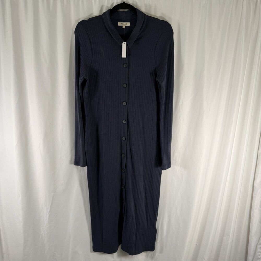 New Madewell Dress Women's Large Blue Ribbed Button Up Long Sleeve Collared